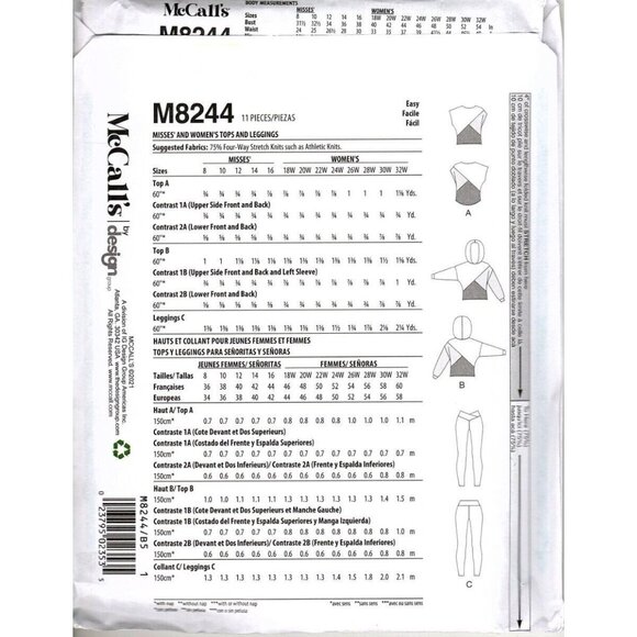 McCall's M8244 Womens 26W to 32W Top, Hoodie and Leggings Uncut Sewing Pattern - Picture 2 of 2